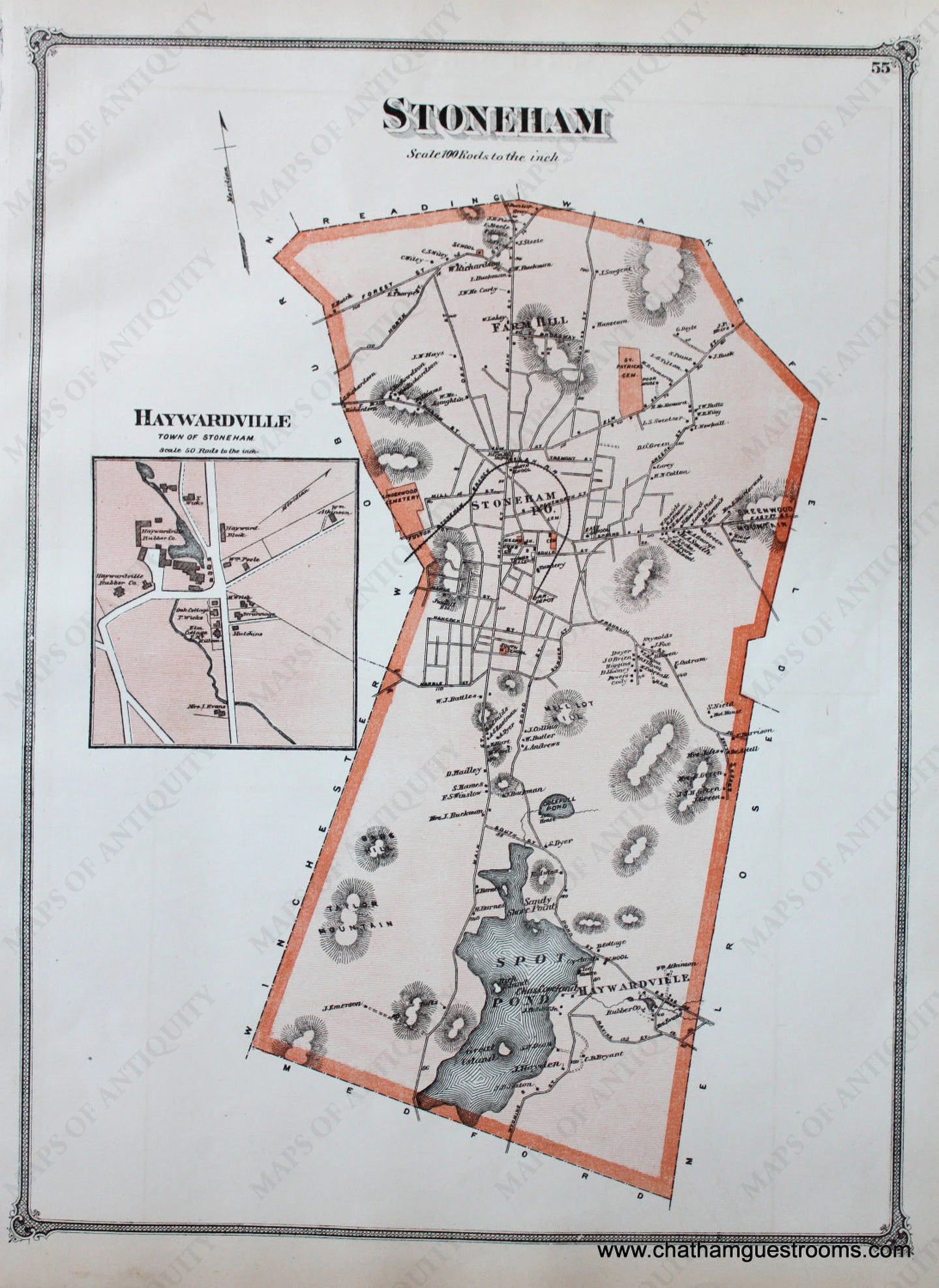 Antique-Hand-Colored-Map-Stoneham-(MA)-Middlesex--1875-Beers-Maps-Of-Antiquity