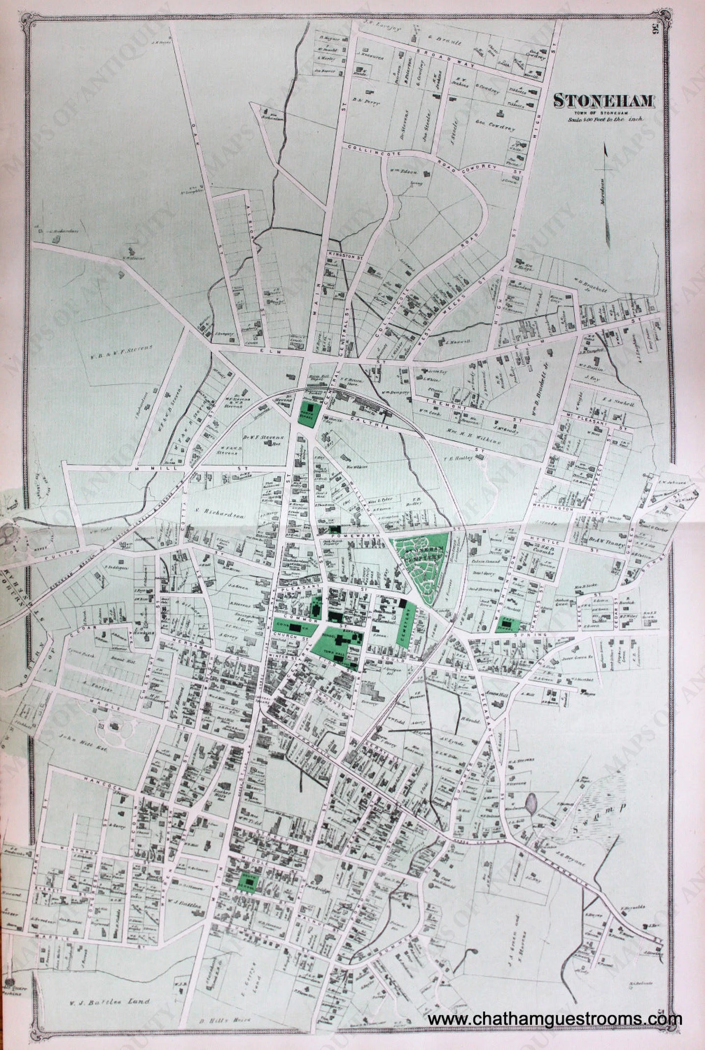 Antique-Hand-Colored-Map-Stoneham-(Center)-(MA)-Middlesex--1875-Beers-Maps-Of-Antiquity