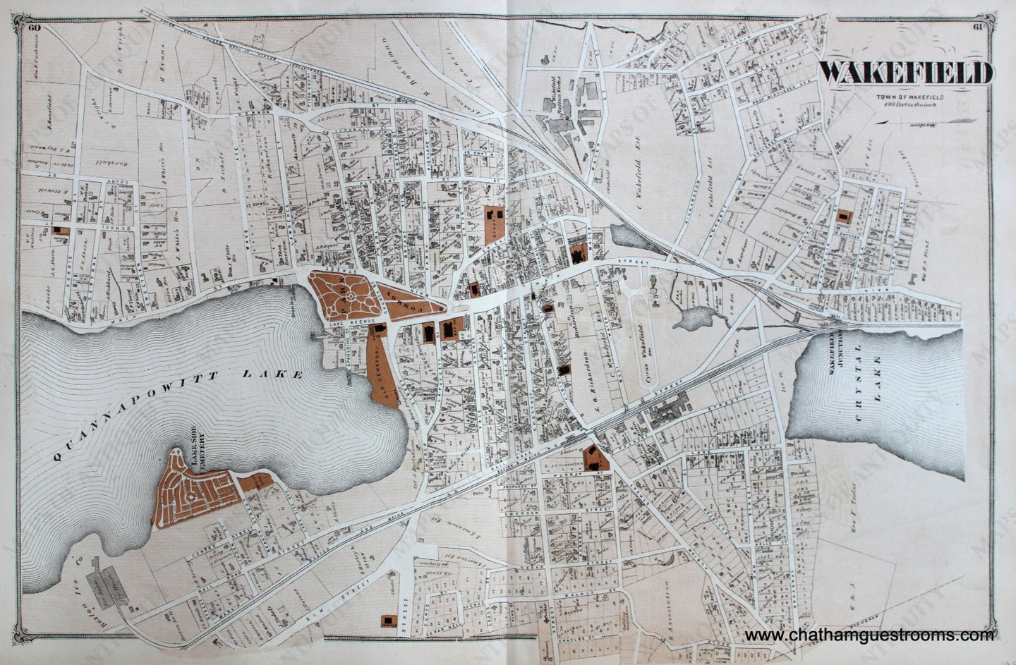 Antique-Hand-Colored-Map-Wakefield-(Center)-(MA)-Middlesex--1875-Beers-Maps-Of-Antiquity