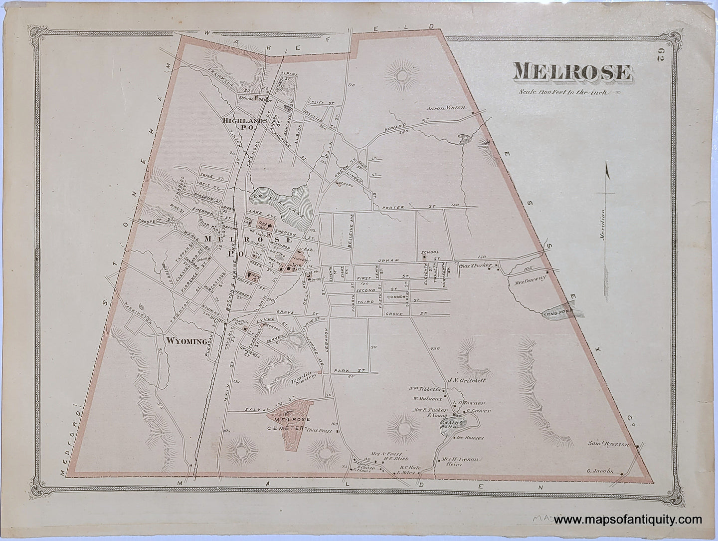 Antique-Hand-Colored-Map-Melrose-(MA)-Middlesex--1875-Beers-Maps-Of-Antiquity