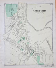 Load image into Gallery viewer, Old map of Concord center with labeled streets and boundaries. original 1875 color in yellow and green.
