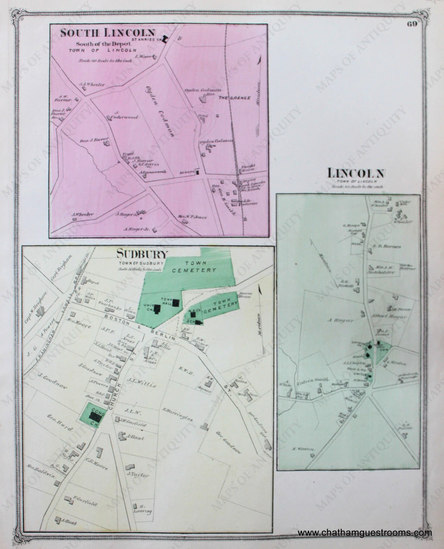 Antique-Hand-Colored-Map-Lincoln-South-Lincoln-Sudbury-(MA)-Middlesex--1875-Beers-Maps-Of-Antiquity