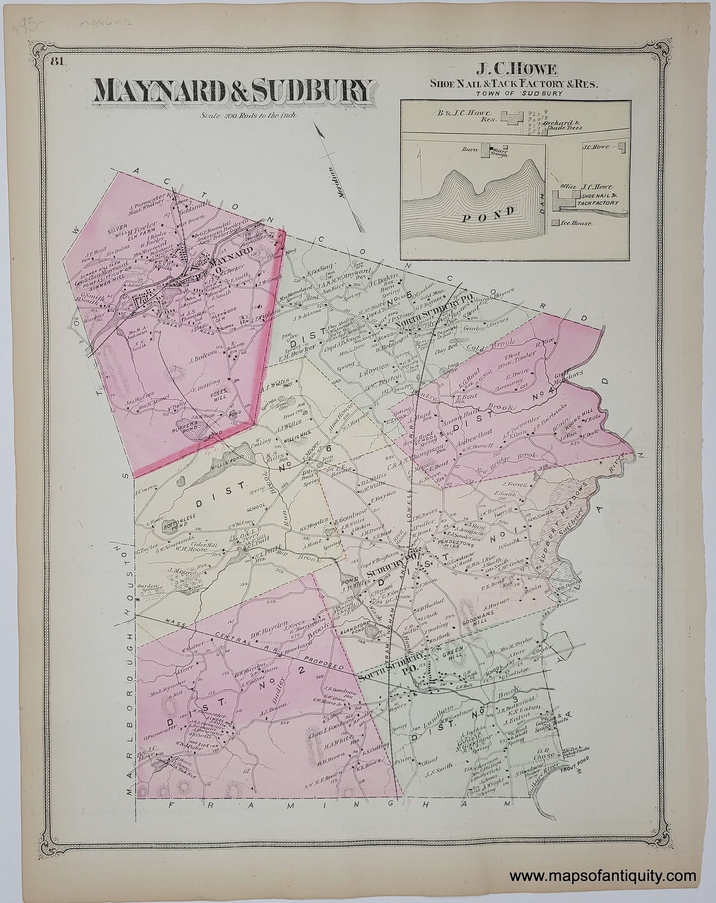 Antique map colored by district in antique tones of pink, orange, yellow, and green