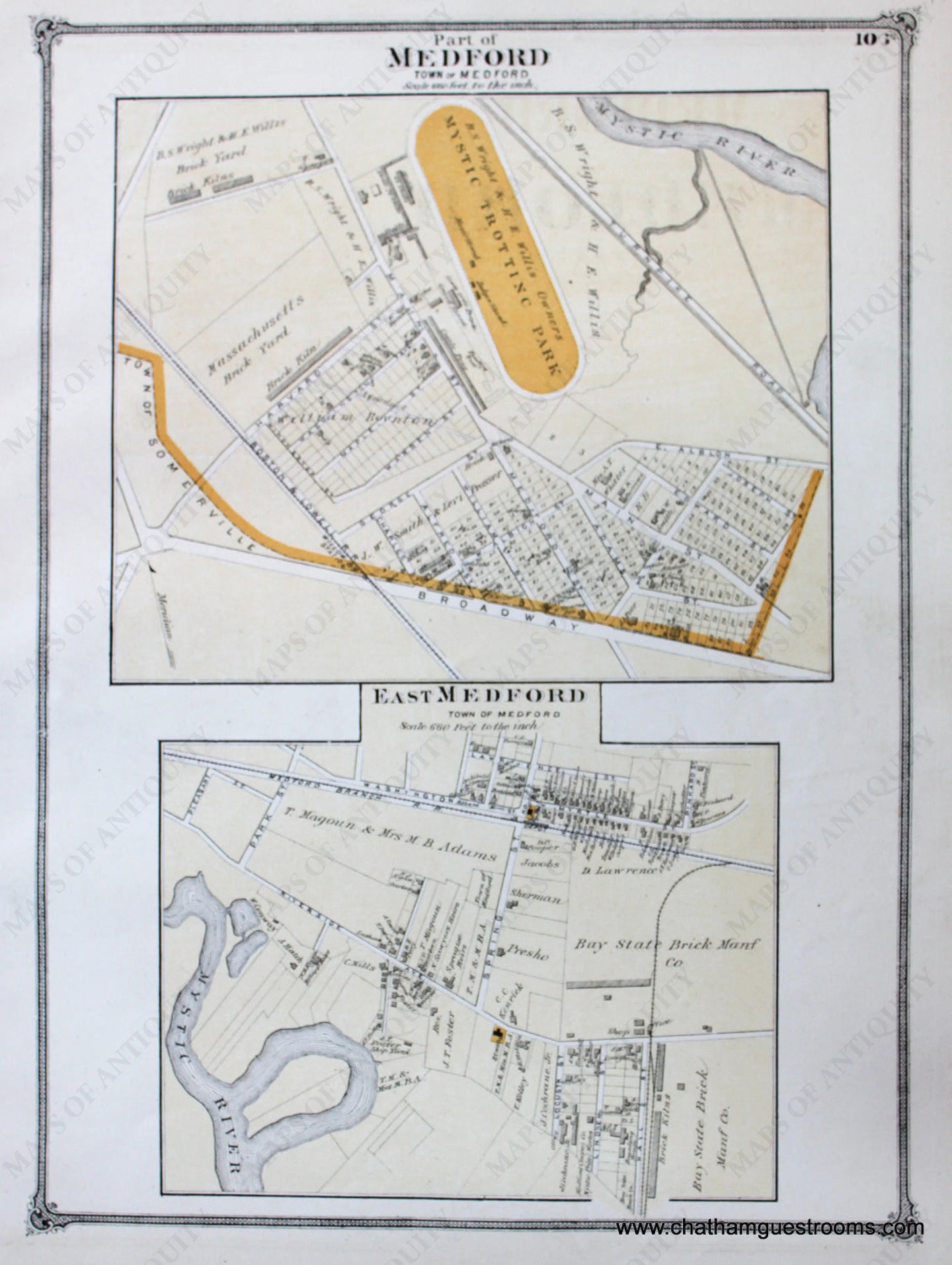 Antique-Hand-Colored-Map-Part-of-Medford-East-Medford-(MA)-Middlesex--1875-Beers-Maps-Of-Antiquity