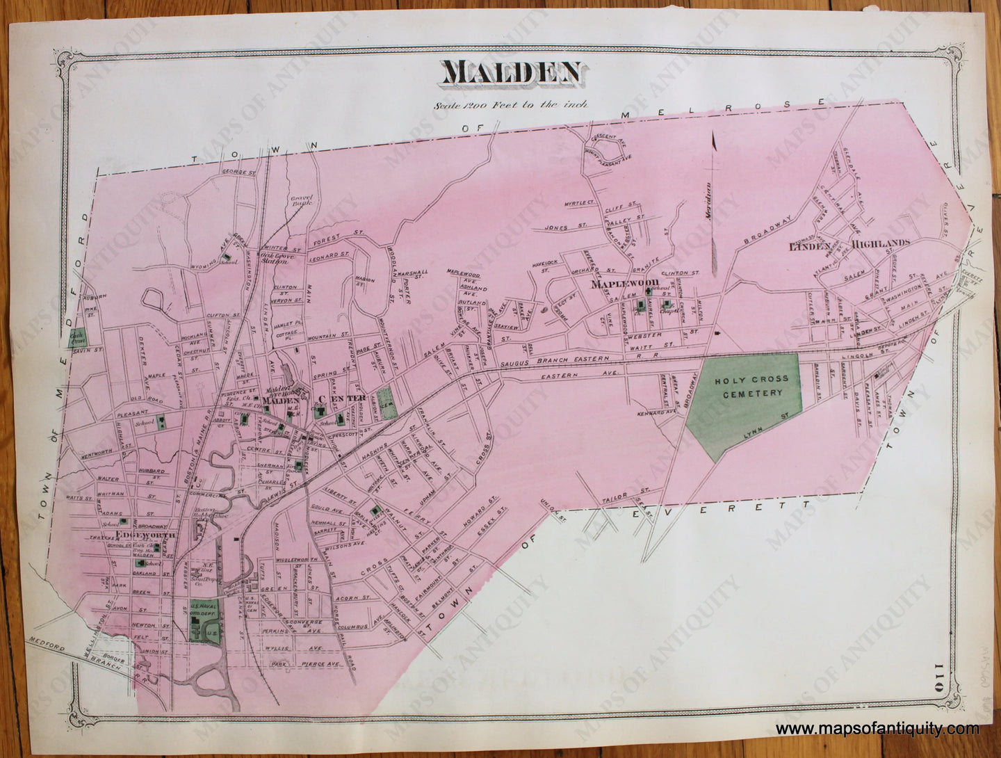 Antique-Hand-Colored-Map-Malden-(MA)-Middlesex--1875-Beers-Maps-Of-Antiquity