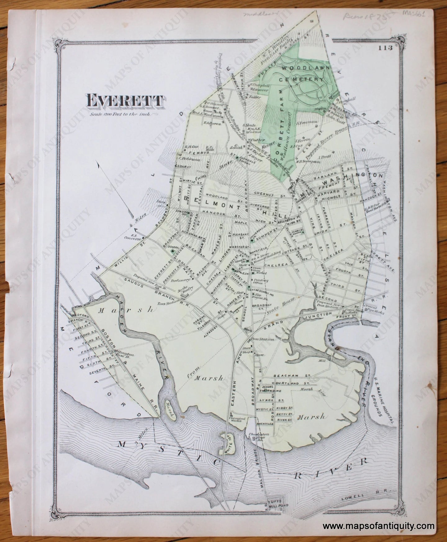 Antique-Hand-Colored-Map-Everett-(MA)-Middlesex--1875-Beers-Maps-Of-Antiquity