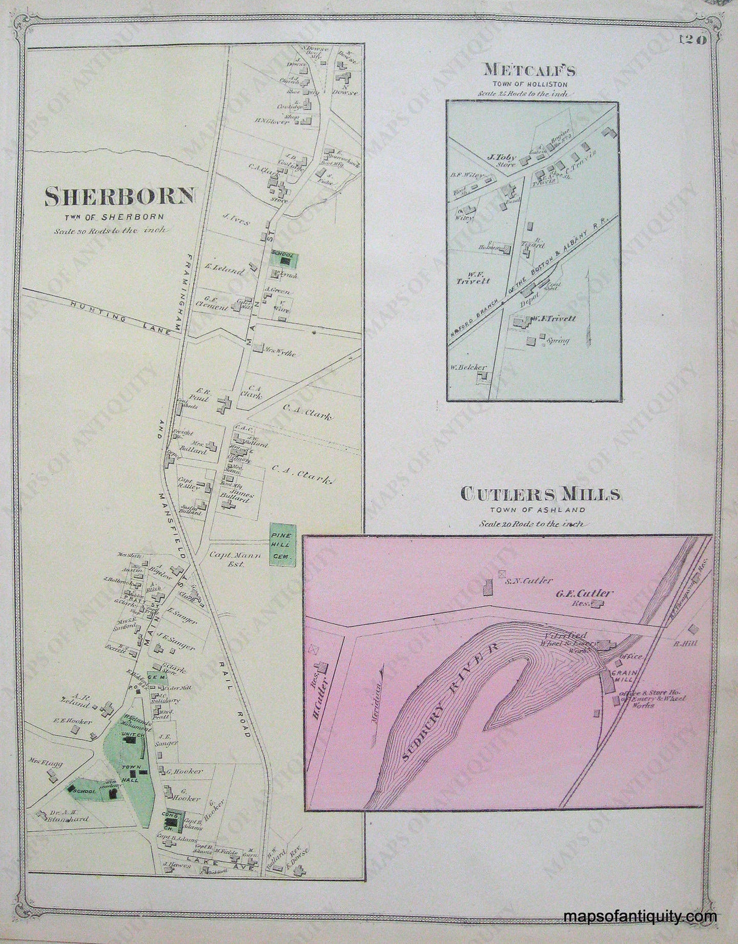 Antique-Hand-Colored-Map-Sherborn-Cutlers-Mills-Metcalf's-(MA)-Middlesex--1875-Beers-Maps-Of-Antiquity