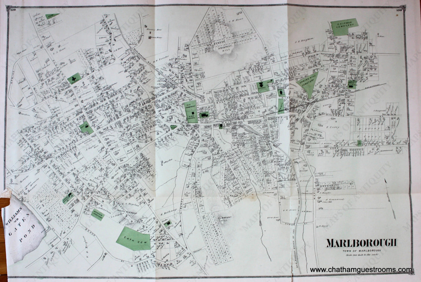 Antique-Hand-Colored-Map-Marlborough-(MA)-Middlesex--1875-Beers-Maps-Of-Antiquity