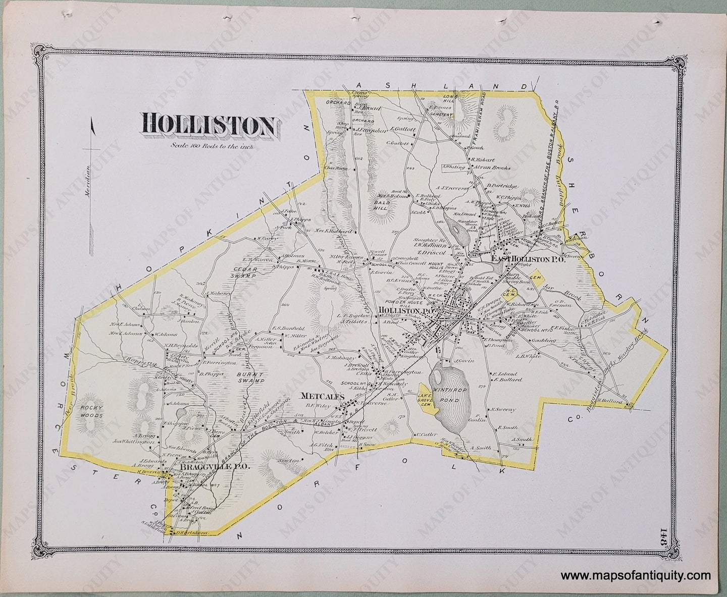 Antique-Hand-Colored-Map-Holliston--(MA)-Middlesex--1875-Beers-Maps-Of-Antiquity