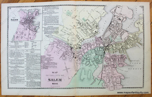 Antique-Hand-Colored-Map-Salem-Massachusetts-Essex-County--1872-Beers-Maps-Of-Antiquity