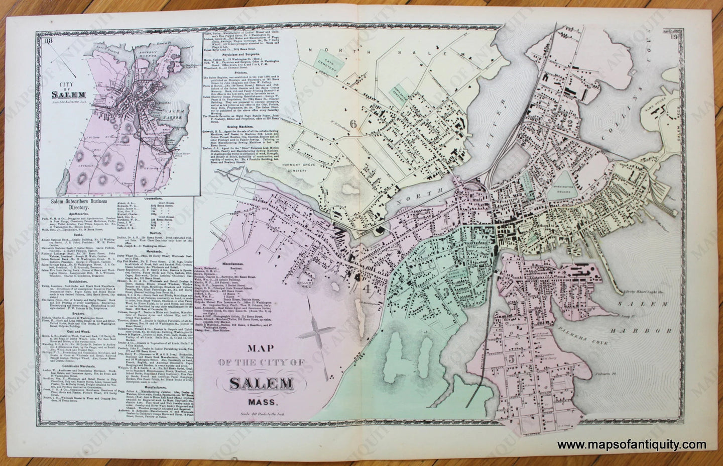 Antique-Hand-Colored-Map-Salem-Massachusetts-Essex-County--1872-Beers-Maps-Of-Antiquity