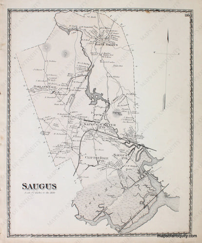 Antique-Hand-Colored-Map-Saugus-Massachusetts-Essex-County--1872-Beers-Maps-Of-Antiquity