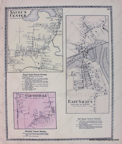 Antique-Hand-Colored-Map-Saugus-Center-East-Saugus-Cliftondale-Massachusetts-Essex-County--1872-Beers-Maps-Of-Antiquity