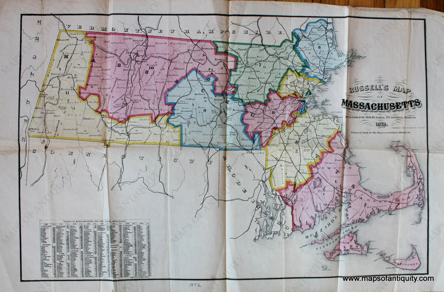 Antique-Hand-Colored-Map-Russell's-Map-of-Massachusetts-Massachusetts-General--1872-B.B.-Russell-Maps-Of-Antiquity