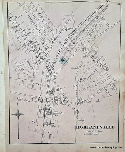 1876 - Highlandville (Ma) Antique Map Genuine Hand-Colored