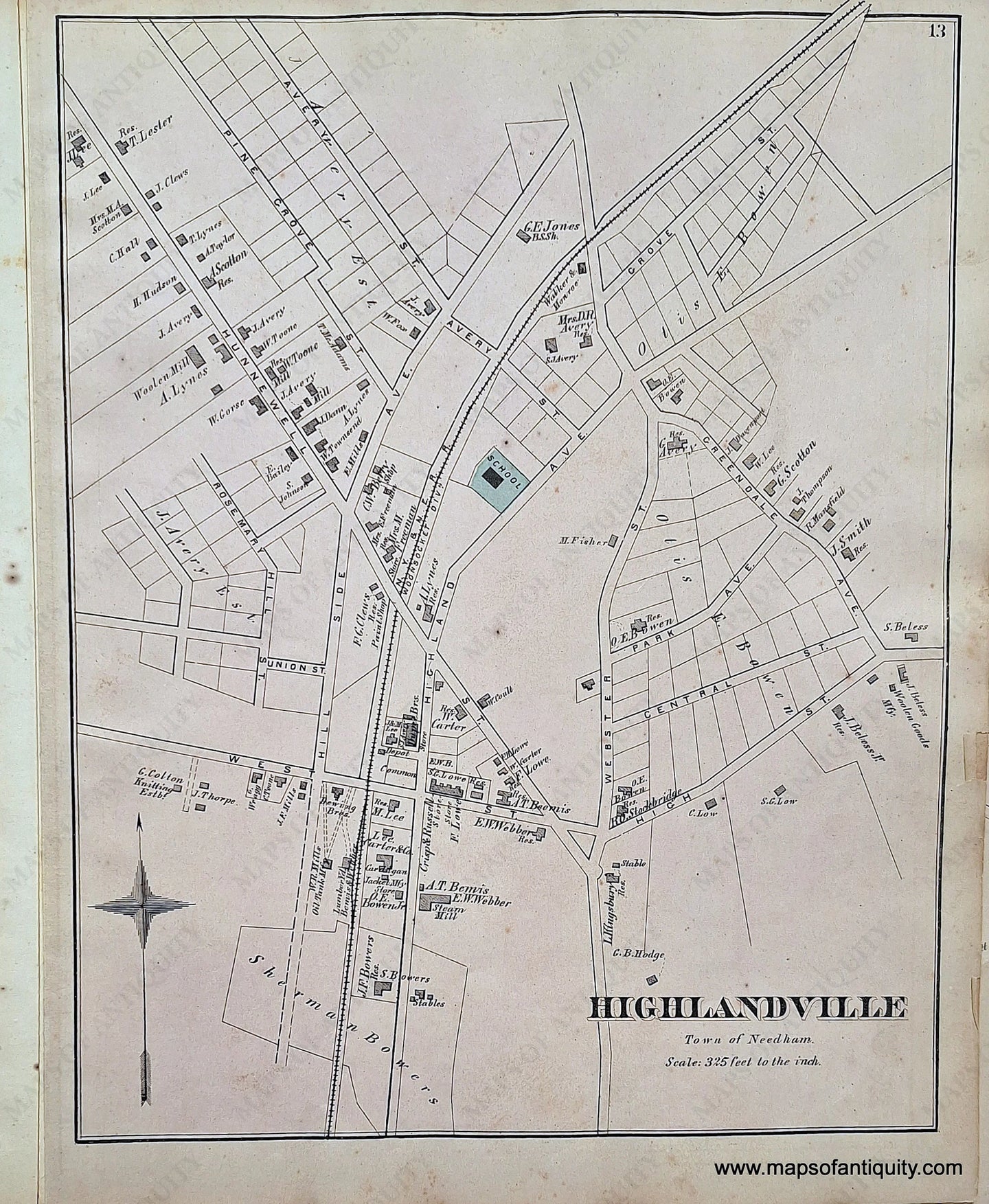 1876 - Highlandville (Ma) Antique Map Genuine Hand-Colored