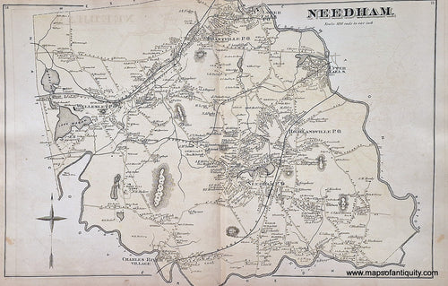 Antique-Hand-Colored-Map-Needham-(MA)-**********-Massachusetts-Norfolk-County-MA-1876-Comstock-&-Cline-Maps-Of-Antiquity