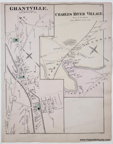 Antique page with two maps, each in a light color wash with brighter green for churchyards, commons. Antique-Map-Grantville-Charles-River-Village-Massachusetts-Maps-of-Antiquity