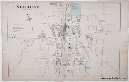 Antique map of the center of Needham, MA Massachusetts with mild toning of the paper, hand-coloring green in cemeteries, churchyards, commons, and other public spaces. shows roads and buildings with property owners names.
