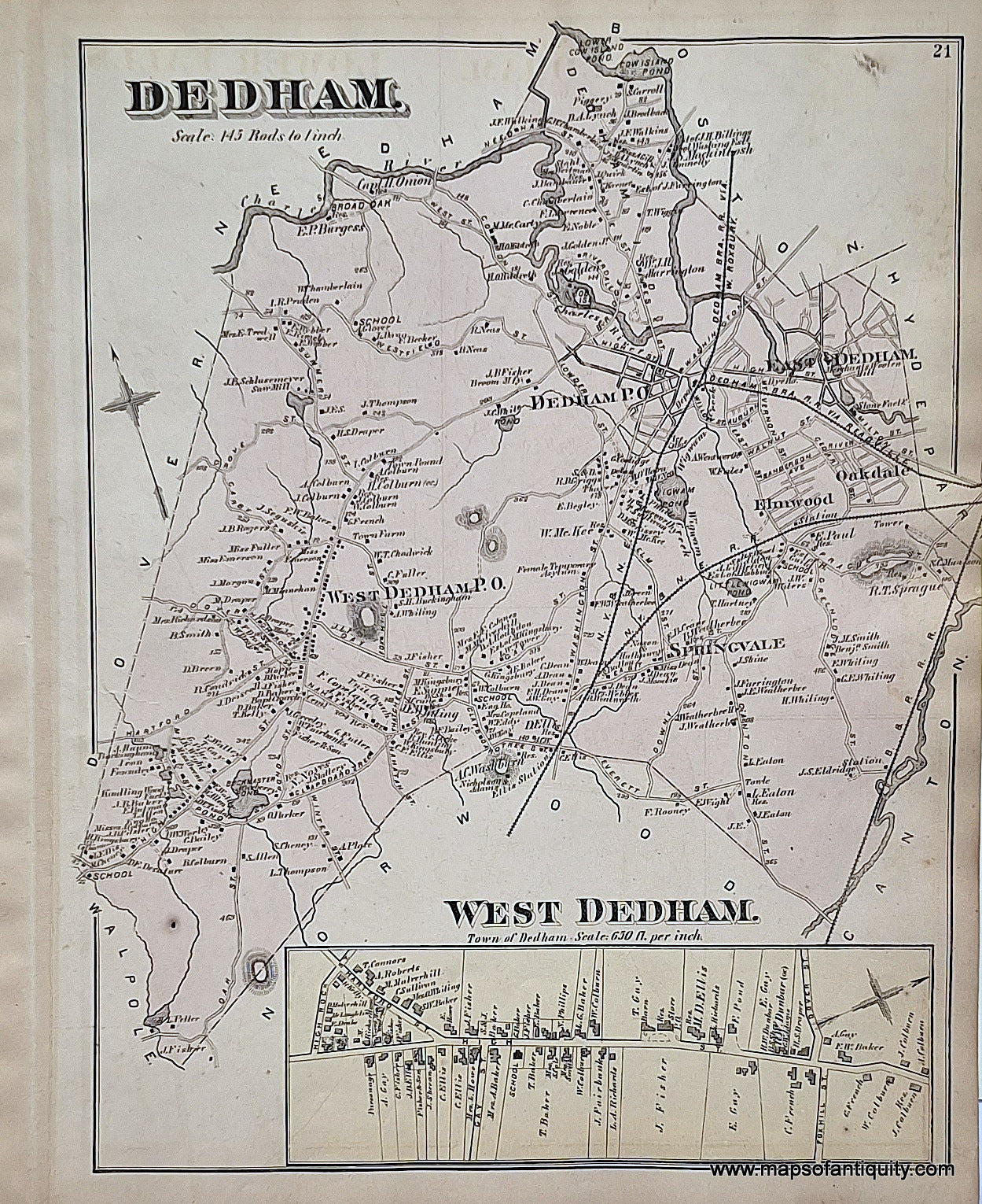 Antique-Hand-Colored-Map-Dedham.-West-Dedham.-(MA)-Massachusetts-Norfolk-County-MA-1876-Comstock-&-Cline-Maps-Of-Antiquity