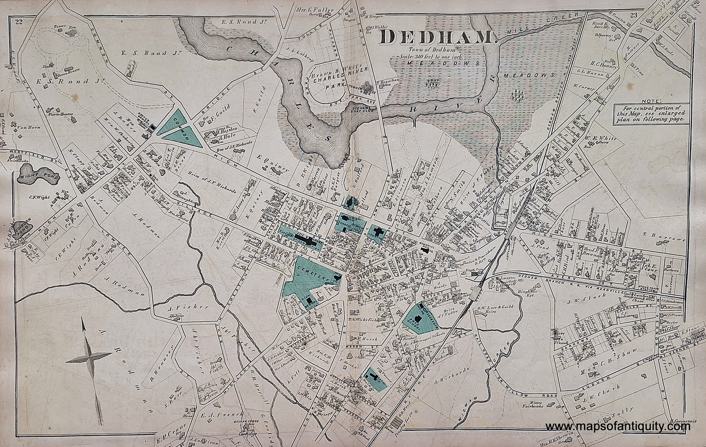 Antique-Hand-Colored-Map-Dedham.-(MA)-**********-Massachusetts-Norfolk-County-MA-1876-Comstock-&-Cline-Maps-Of-Antiquity