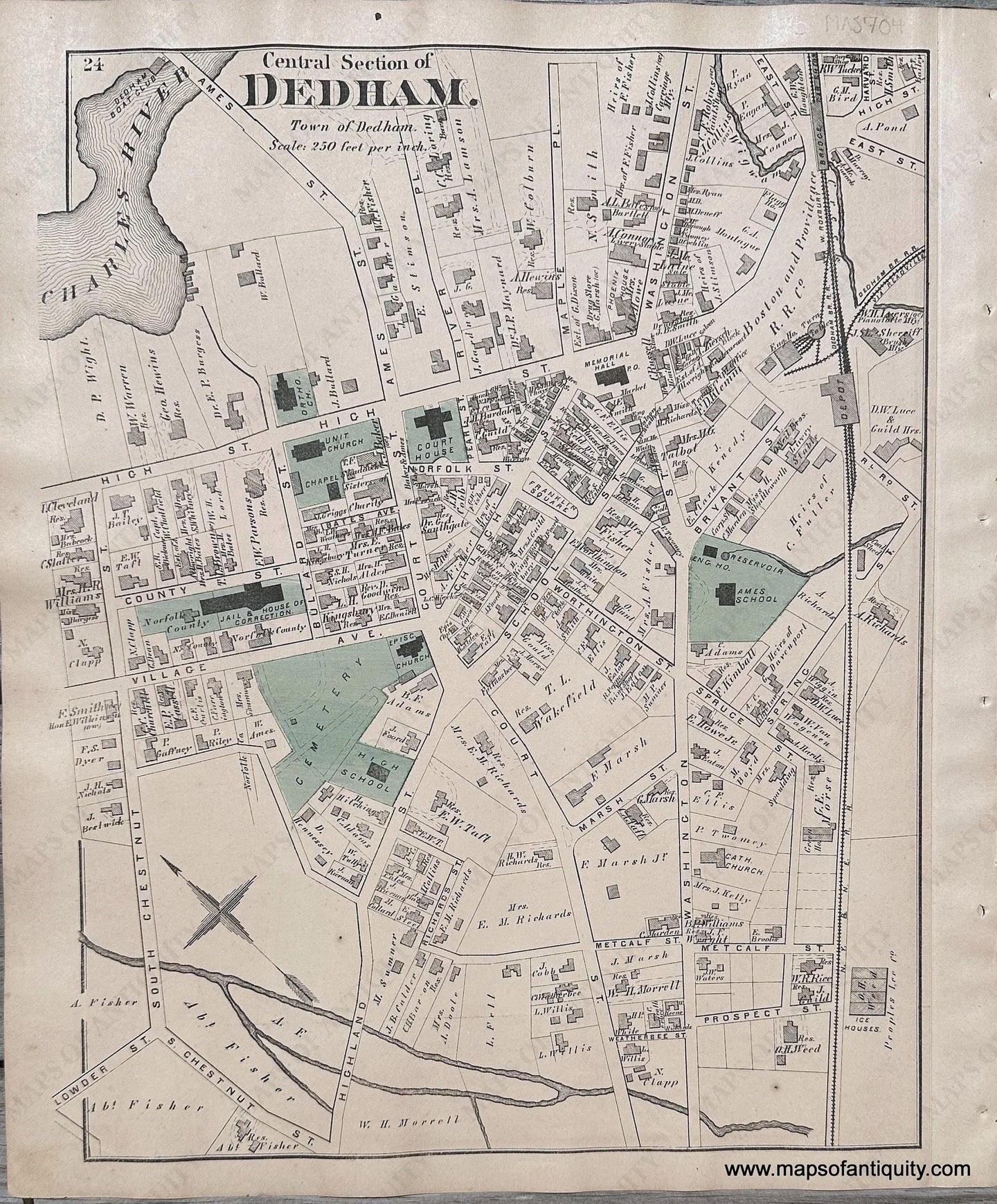 Antique-Hand-Colored-Map-Central-Section-of-Dedham.-(MA)-Massachusetts-Norfolk-County-MA-1876-Comstock-&-Cline-Maps-Of-Antiquity