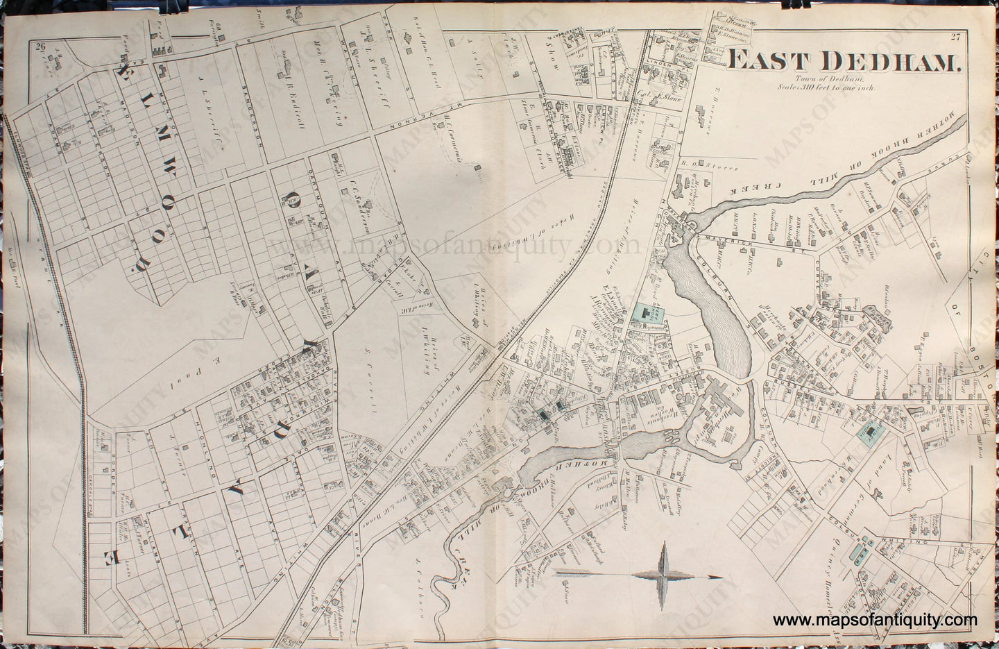 Antique-Hand-Colored-Map-East-Dedham.-(MA)-**********-Massachusetts-Norfolk-County-MA-1876-Comstock-&-Cline-Maps-Of-Antiquity