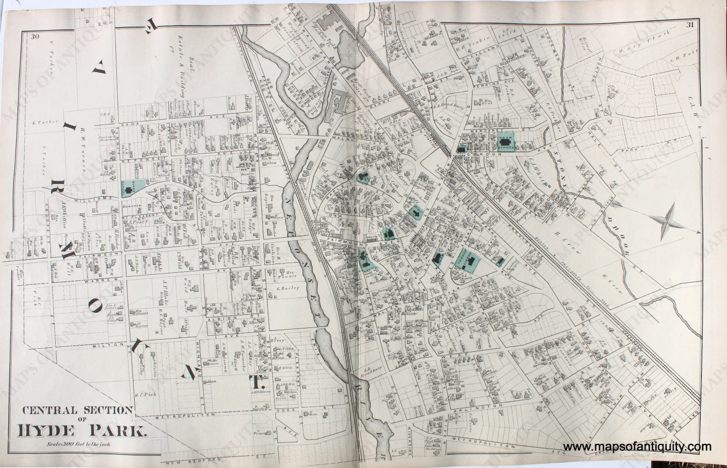 Antique-Hand-Colored-Map-Central-Section-of-Hyde-Park.-(MA)-Massachusetts-Norfolk-County-MA-1876-Comstock-&-Cline-Maps-Of-Antiquity