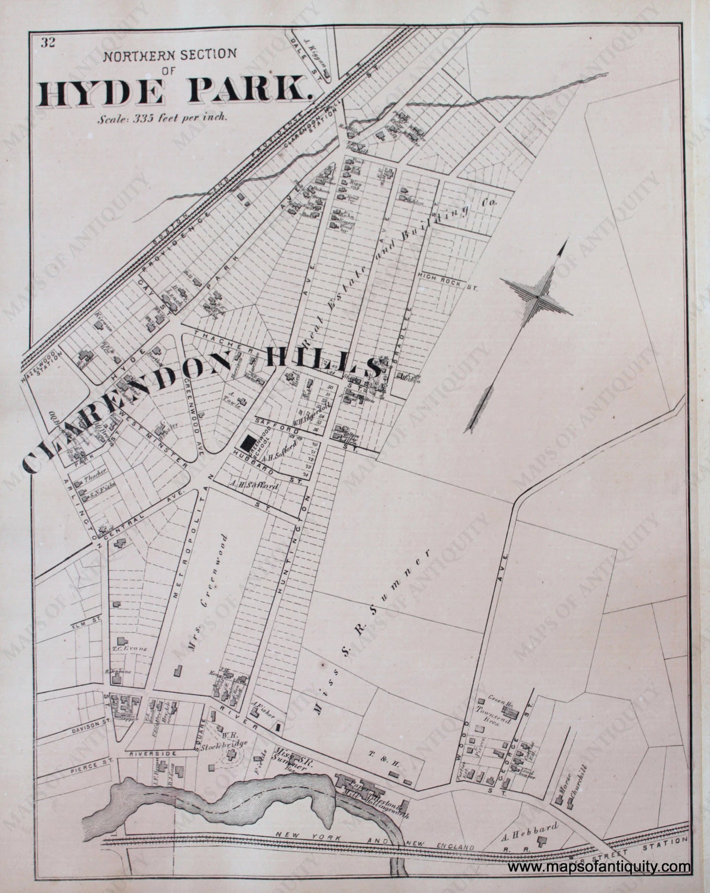 Antique-Hand-Colored-Map-Northern-Section-of-Hyde-Park.-(MA)-Massachusetts-Norfolk-County-MA-1876-Comstock-&-Cline-Maps-Of-Antiquity