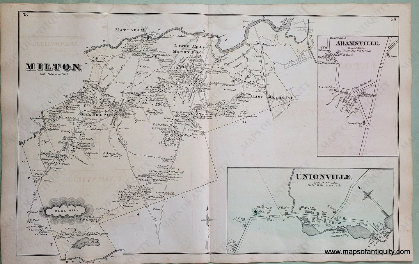 Antique-Hand-Colored-Map-Milton-Adamsville-Unionville.-(MA)-******-Massachusetts-Norfolk-County-MA-1876-Comstock-&-Cline-Maps-Of-Antiquity