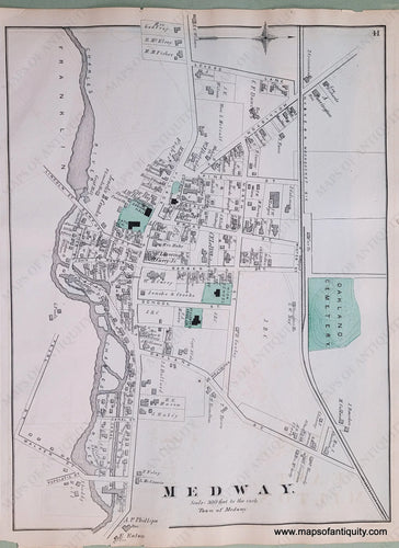 Antique-Hand-Colored-Map-Medway.-(MA)-Massachusetts-Norfolk-County-MA-1876-Comstock-&-Cline-Maps-Of-Antiquity