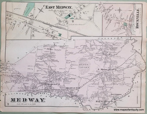 Antique-Hand-Colored-Map-Medway.-(MA)-Massachusetts-Norfolk-County-MA-1876-Comstock-&-Cline-Maps-Of-Antiquity