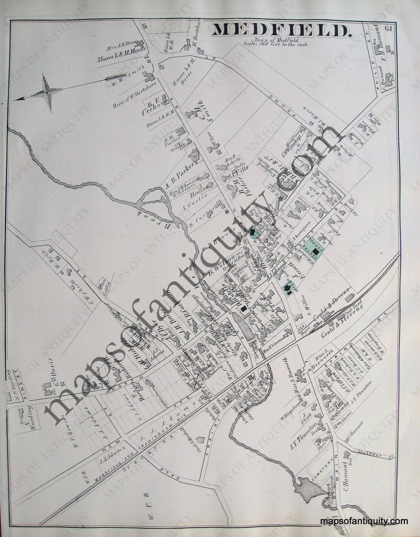 Antique-Hand-Colored-Map-Medfield-(Center)-(MA)-Massachusetts-Norfolk-County-MA-1876-Comstock-&-Cline-Maps-Of-Antiquity