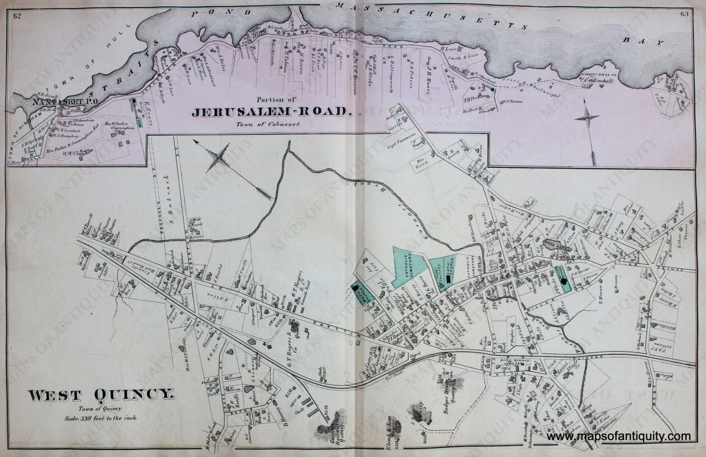 Antique-Hand-Colored-Map-West-Quincy-and-Portion-of-Jerusalem-Road.-(MA)-Massachusetts-Norfolk-County-MA-1876-Comstock-&-Cline-Maps-Of-Antiquity