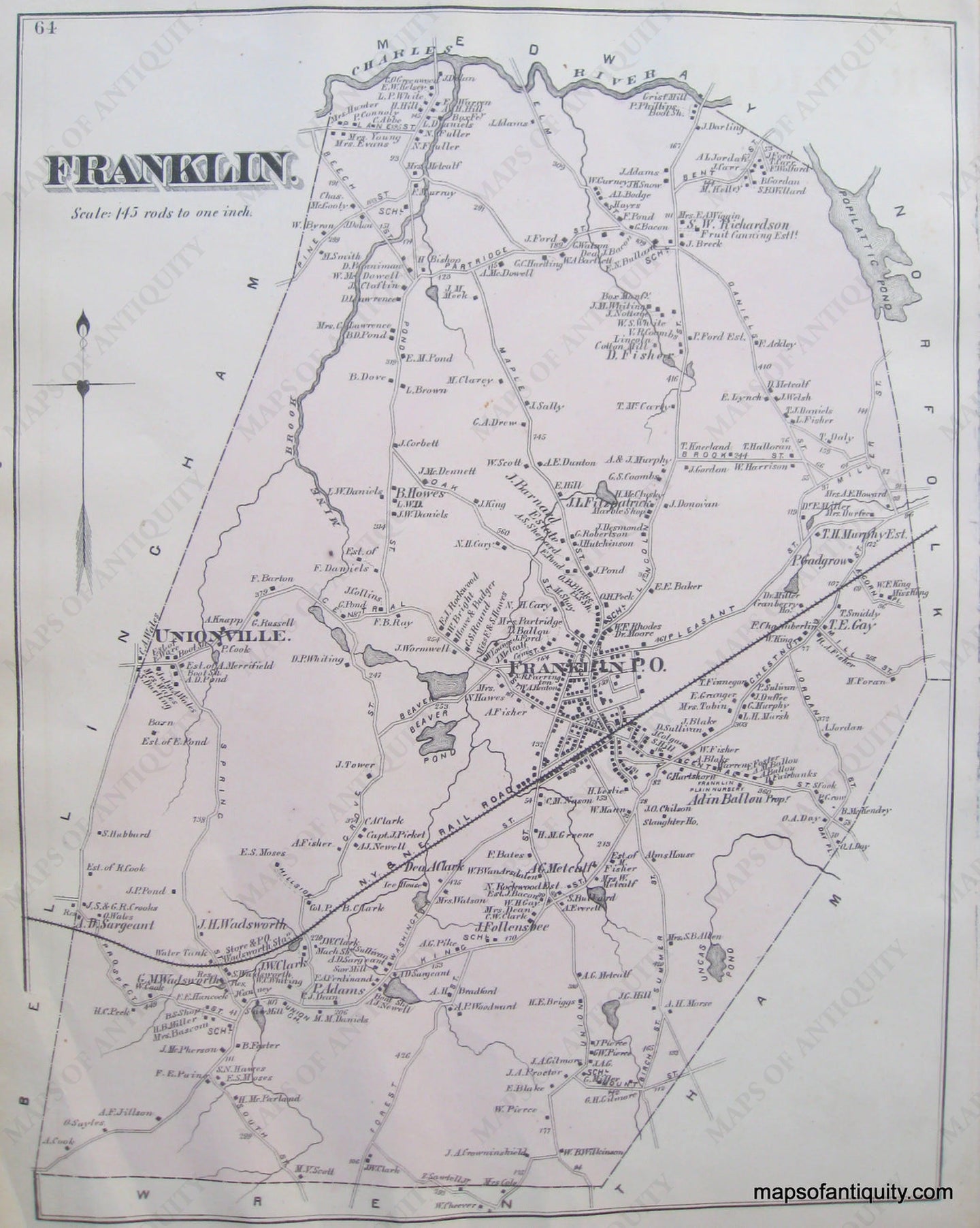 Antique-Hand-Colored-Map-Franklin.-(MA)-Massachusetts-Norfolk-County-MA-1876-Comstock-&-Cline-Maps-Of-Antiquity