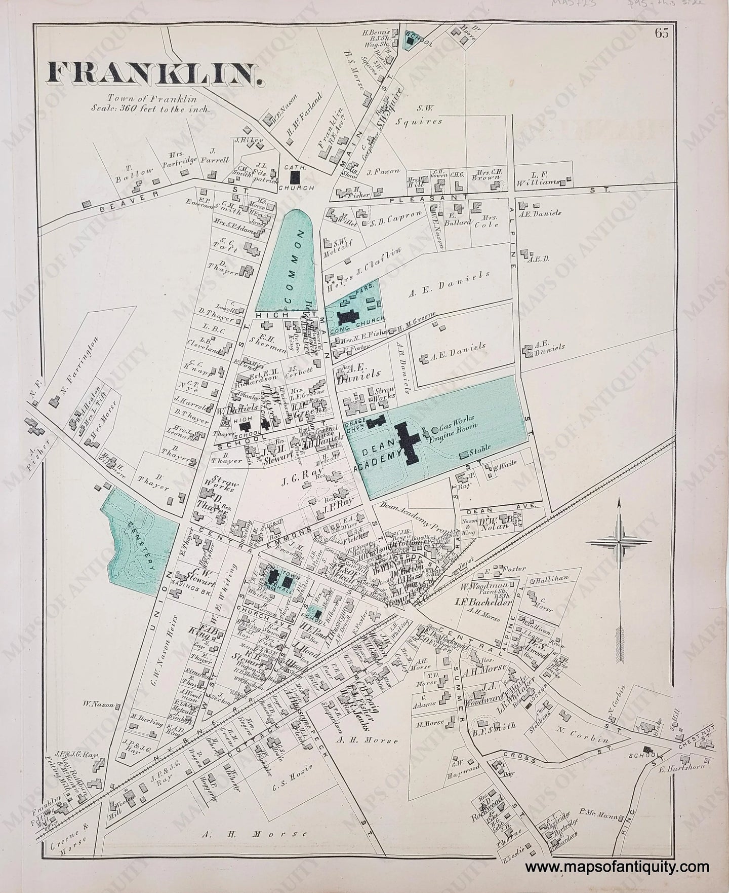 Antique-Hand-Colored-Map-Franklin.-(MA)-Massachusetts-Norfolk-County-MA-1876-Comstock-&-Cline-Maps-Of-Antiquity