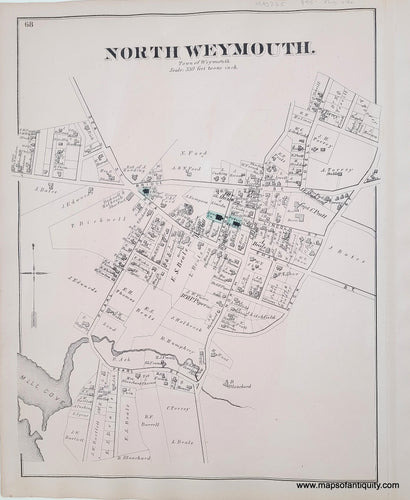 Antique-Hand-Colored-Map-North-Weymouth.-(MA)-Massachusetts-Norfolk-County-MA-1876-Comstock-&-Cline-Maps-Of-Antiquity