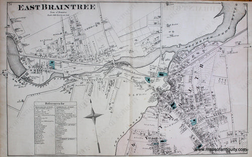 Antique-Hand-Colored-Map-East-Braintree.-(MA)-Massachusetts-Norfolk-County-MA-1876-Comstock-&-Cline-Maps-Of-Antiquity