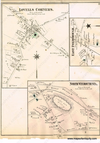 Antique-Hand-Colored-Map-Lovells-Corners.-East-Foxborough.-North-Weymouth-Sta.-(MA)-Massachusetts-Norfolk-County-MA-1876-Comstock-&-Cline-Maps-Of-Antiquity