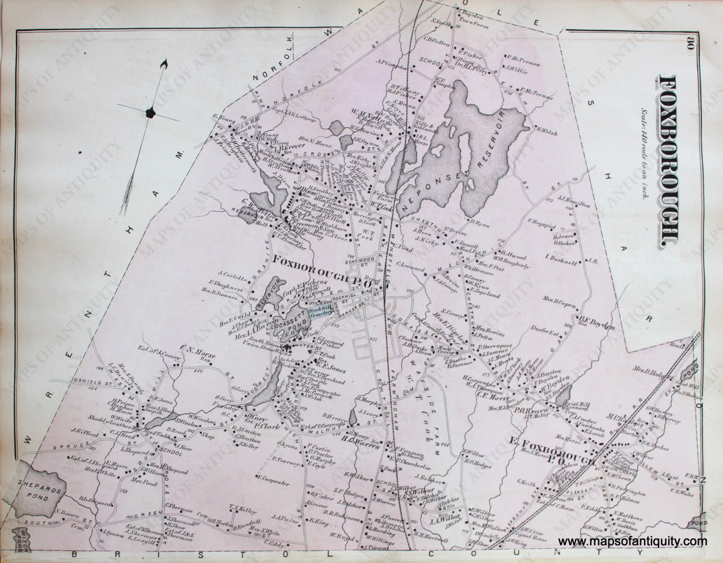 Antique-Hand-Colored-Map-Foxborough.-(Town)--(MA)-**********-Massachusetts-Norfolk-County-MA-1876-Comstock-&-Cline-Maps-Of-Antiquity