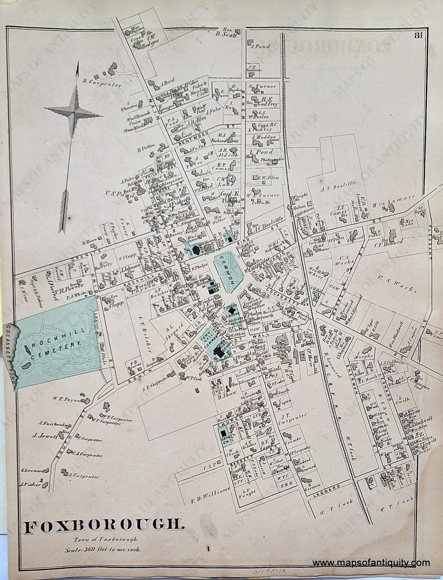 Antique-Hand-Colored-Map-Foxborough.-(Center)-(MA)-Massachusetts-Norfolk-County-MA-1876-Comstock-&-Cline-Maps-Of-Antiquity