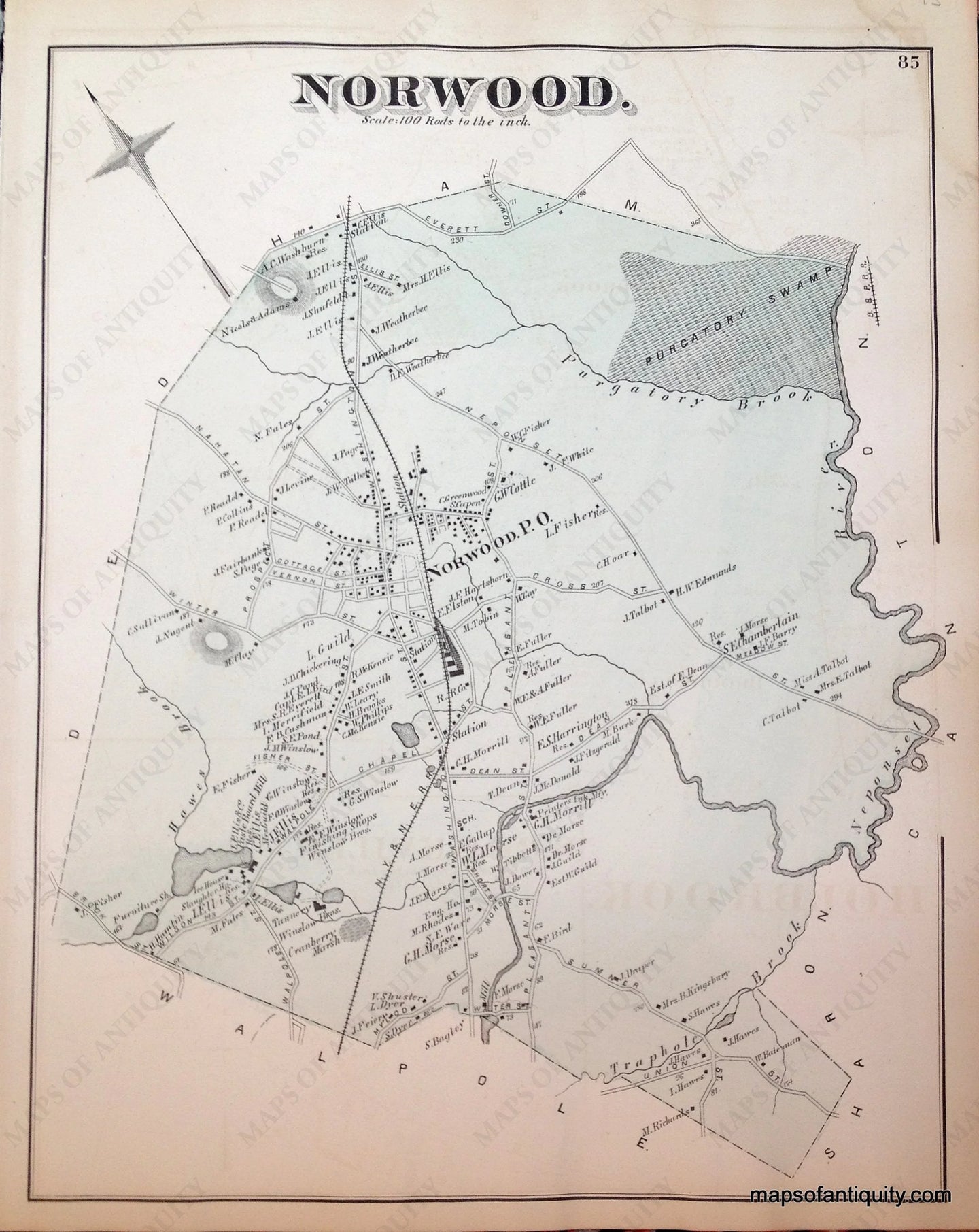 Antique-Hand-Colored-Map-Norwood.-(Town)-(MA)-Massachusetts-Norfolk-County-MA-1876-Comstock-&-Cline-Maps-Of-Antiquity