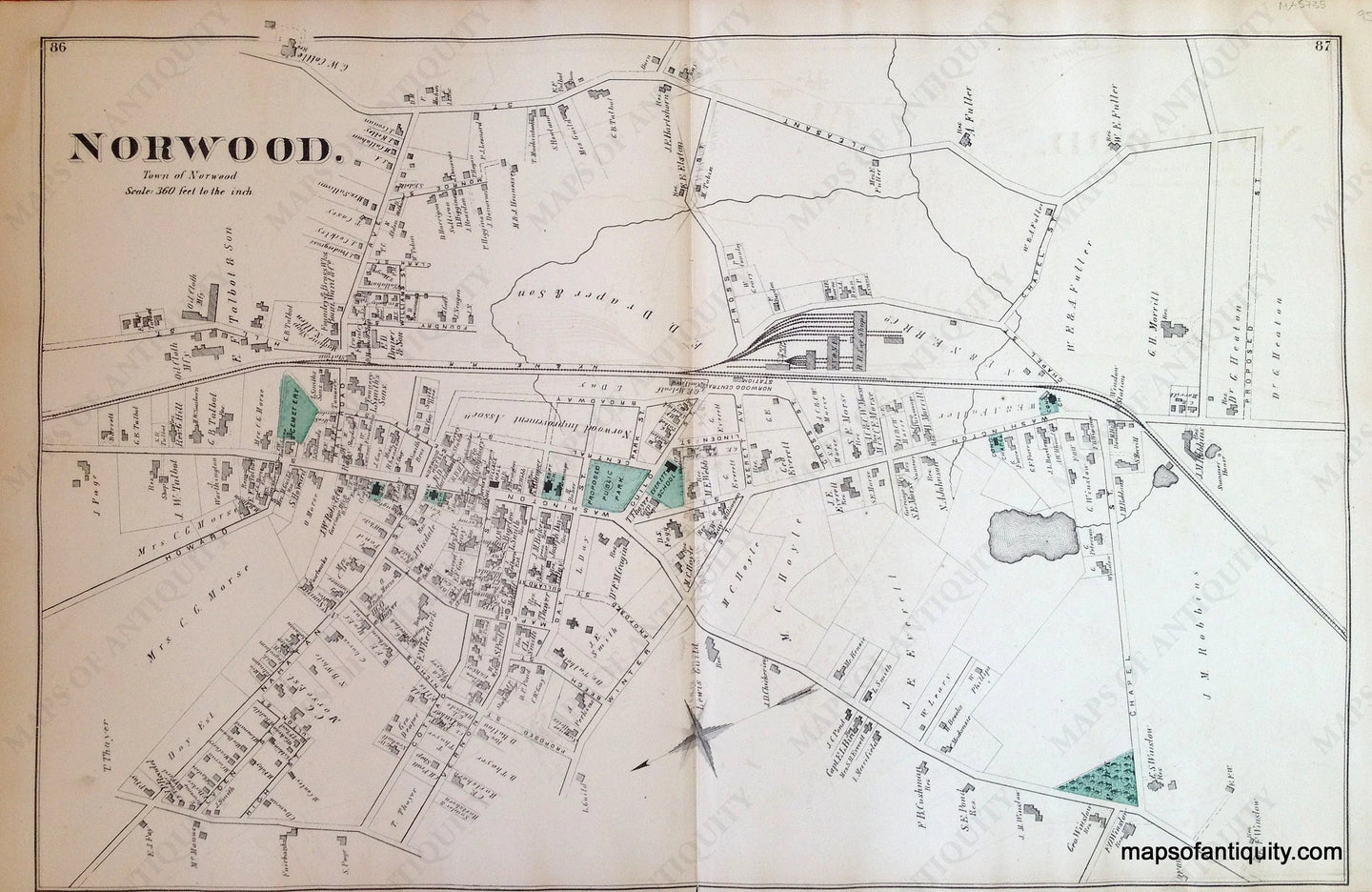 Antique-Hand-Colored-Map-Norwood.-(Center)-(MA)-Massachusetts-Norfolk-County-MA-1876-Comstock-&-Cline-Maps-Of-Antiquity