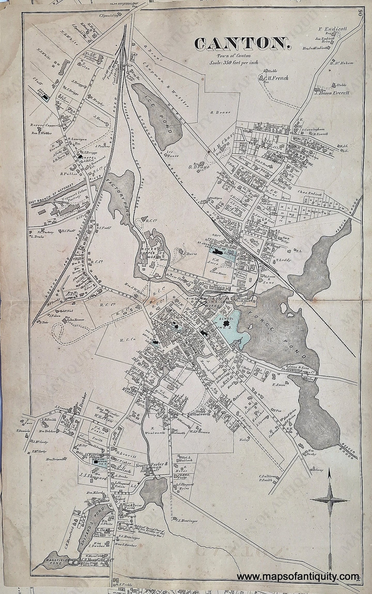 Antique-Hand-Colored-Map-Canton.-(Center)-(MA)-Massachusetts-Norfolk-County-MA-1876-Comstock-&-Cline-Maps-Of-Antiquity