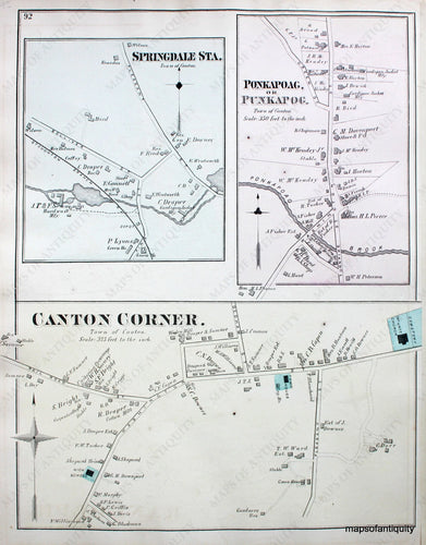 Antique-Hand-Colored-Map-Canton-Corner.-Springdale-Sta.-Ponkapoag-or-Punkapog.-(MA)-Massachusetts-Norfolk-County-MA-1876-Comstock-&-Cline-Maps-Of-Antiquity