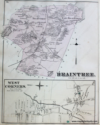 Antique-Hand-Colored-Map-Braintree.-West-Corners.-(MA)-Massachusetts-Norfolk-County-MA-1876-Comstock-&-Cline-Maps-Of-Antiquity