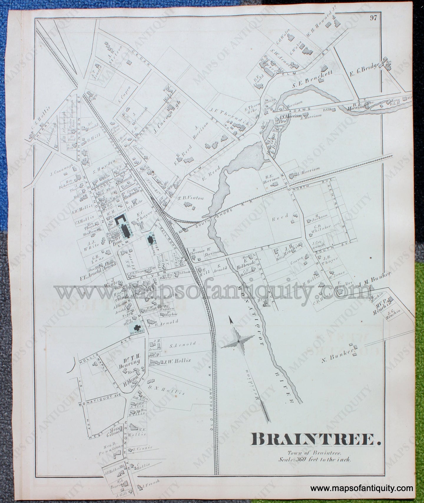 Antique-Hand-Colored-Map-Braintree.--(MA)-**********-Massachusetts-Norfolk-County-MA-1876-Comstock-&-Cline-Maps-Of-Antiquity