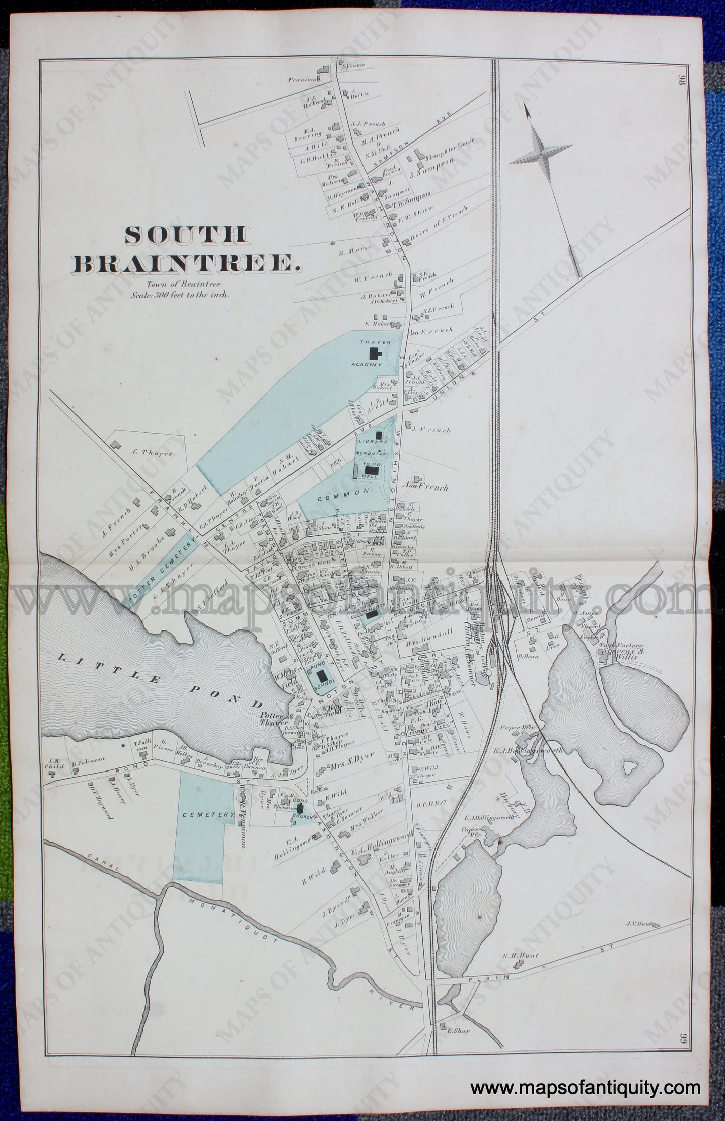 Antique-Hand-Colored-Map-South-Braintree.-(MA)-**********-Massachusetts-Norfolk-County-MA-1876-Comstock-&-Cline-Maps-Of-Antiquity