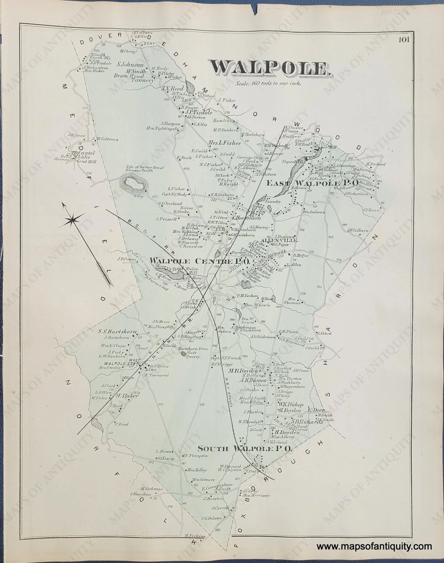 Antique-Hand-Colored-Map-Walpole.-(Town)-(MA)-Massachusetts-Norfolk-County-MA-1876-Comstock-&-Cline-Maps-Of-Antiquity