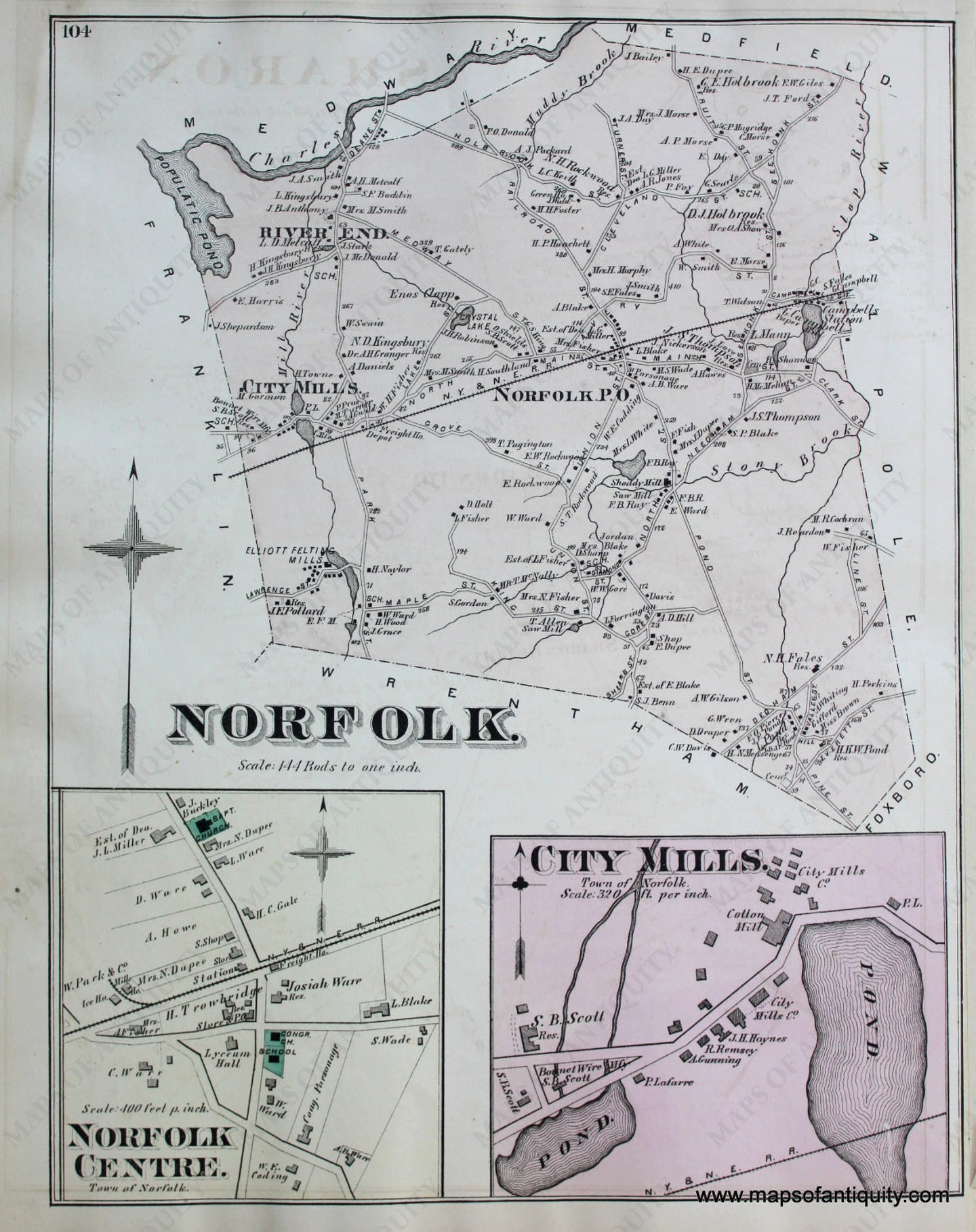 Antique-Hand-Colored-Map-Norfolk.-Norfolk-Center.-City-Mills.-(MA)-Massachusetts-Norfolk-County-MA-1876-Comstock-&-Cline-Maps-Of-Antiquity